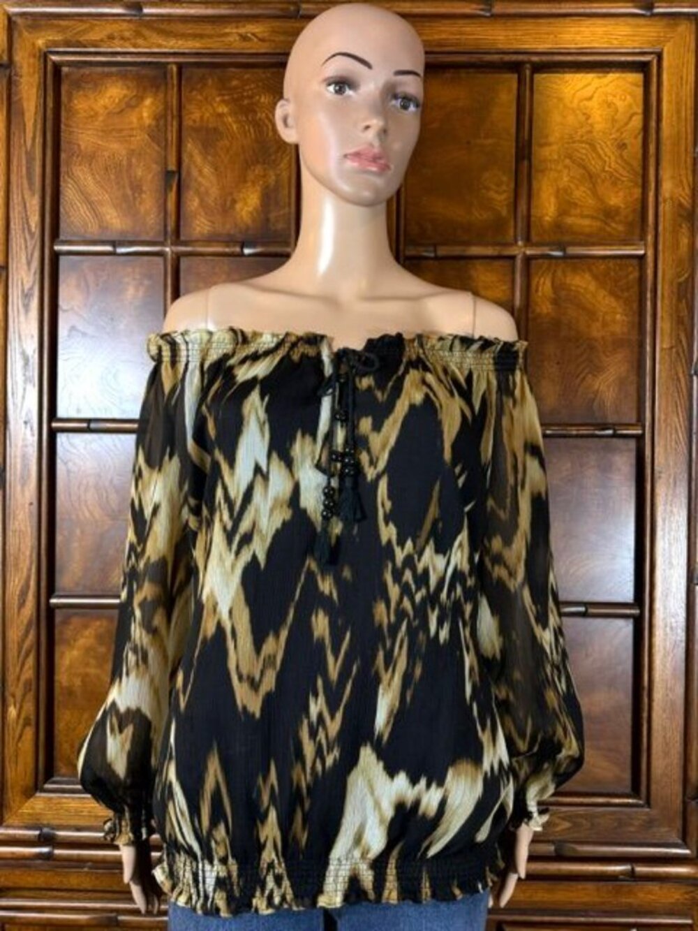 JNY Boho Crinkle Chiffon Beaded Tassel Tie Black Tan On/ Off Shoulder Ruffle Top